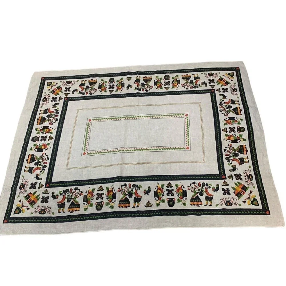 Vintage Folk Art Table Cloth Dutch Couple Linen Rectangle Tan 64 in x 50 in
